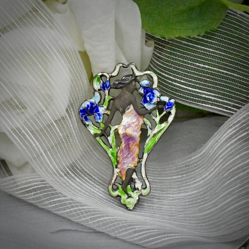 Art Nouveau Henri Vever Style Champleve Enamel Maiden Brooch Pendant 925 Silver